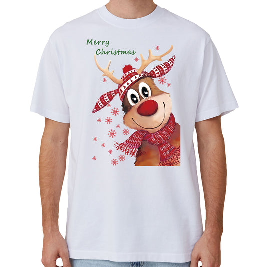 100% Cotton Christmas T-shirt Adult Unisex Tee Tops Funny Santa Party Custume, Reindeer (White), L