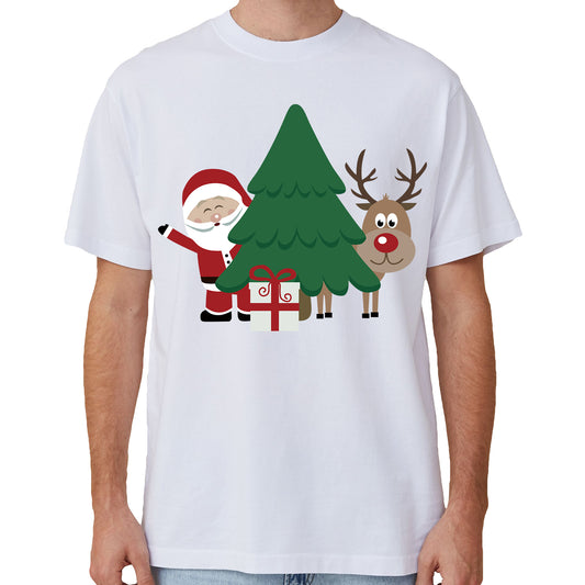 100% Cotton Christmas T-shirt Adult Unisex Tee Tops Funny Santa Party Custume, Santa with Tree (White), L