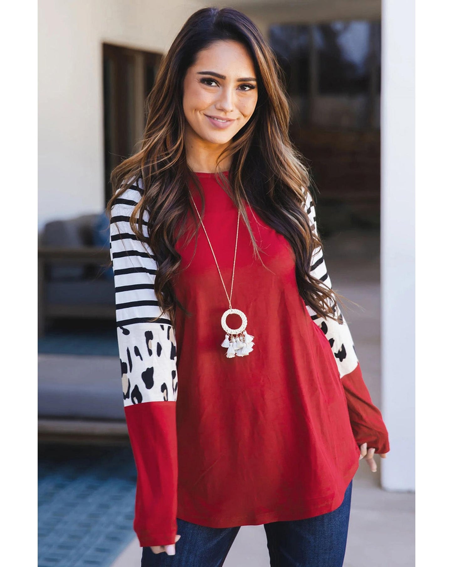 Azura Exchange Animal Print Colorblock Long Sleeve Top - L