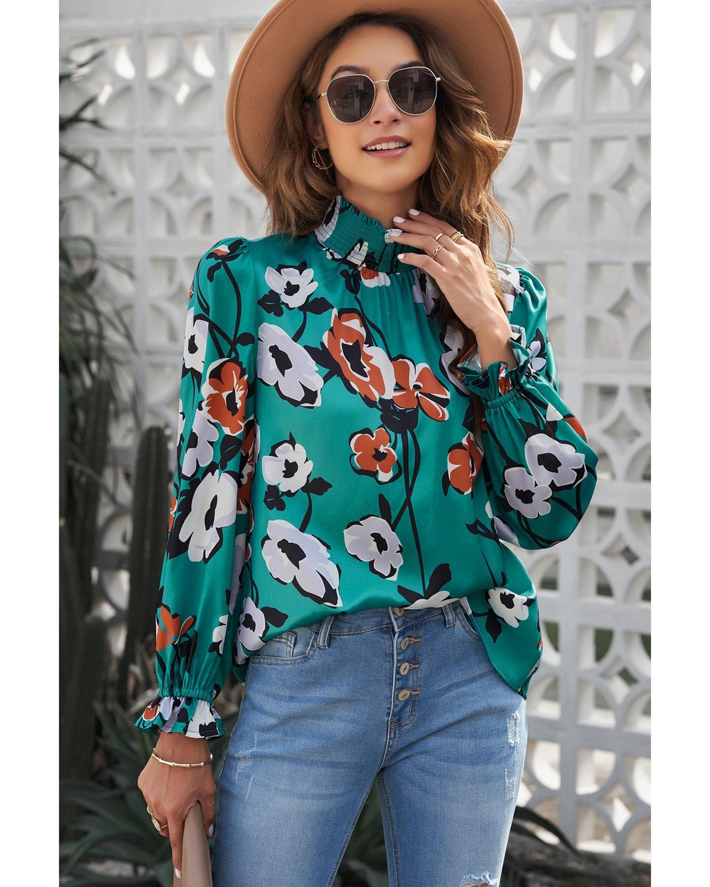 Azura Exchange Printed Smocked Mock Neck Blouse - S