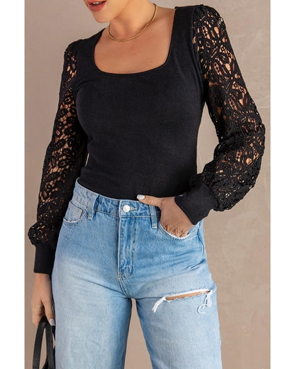 Azura Exchange Black Crochet Sleeve Square Neck Top - L