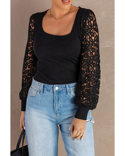 Azura Exchange Black Crochet Sleeve Square Neck Top - M