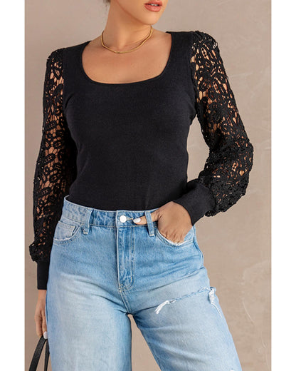 Azura Exchange Black Crochet Sleeve Square Neck Top - M