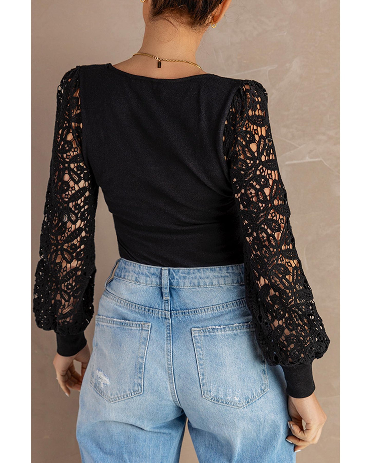 Azura Exchange Black Crochet Sleeve Square Neck Top - XL