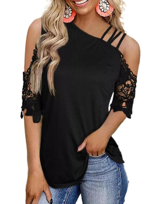 Azura Exchange Lace Splicing Strappy Cold Shoulder Top - S