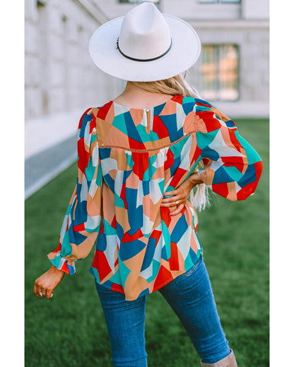 Azura Exchange Abstract Pattern Ruffled Puff Sleeve Blouse - XL