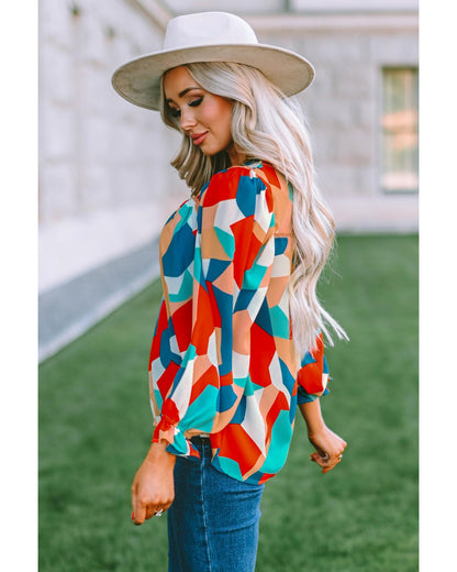 Azura Exchange Abstract Pattern Ruffled Puff Sleeve Blouse - XL