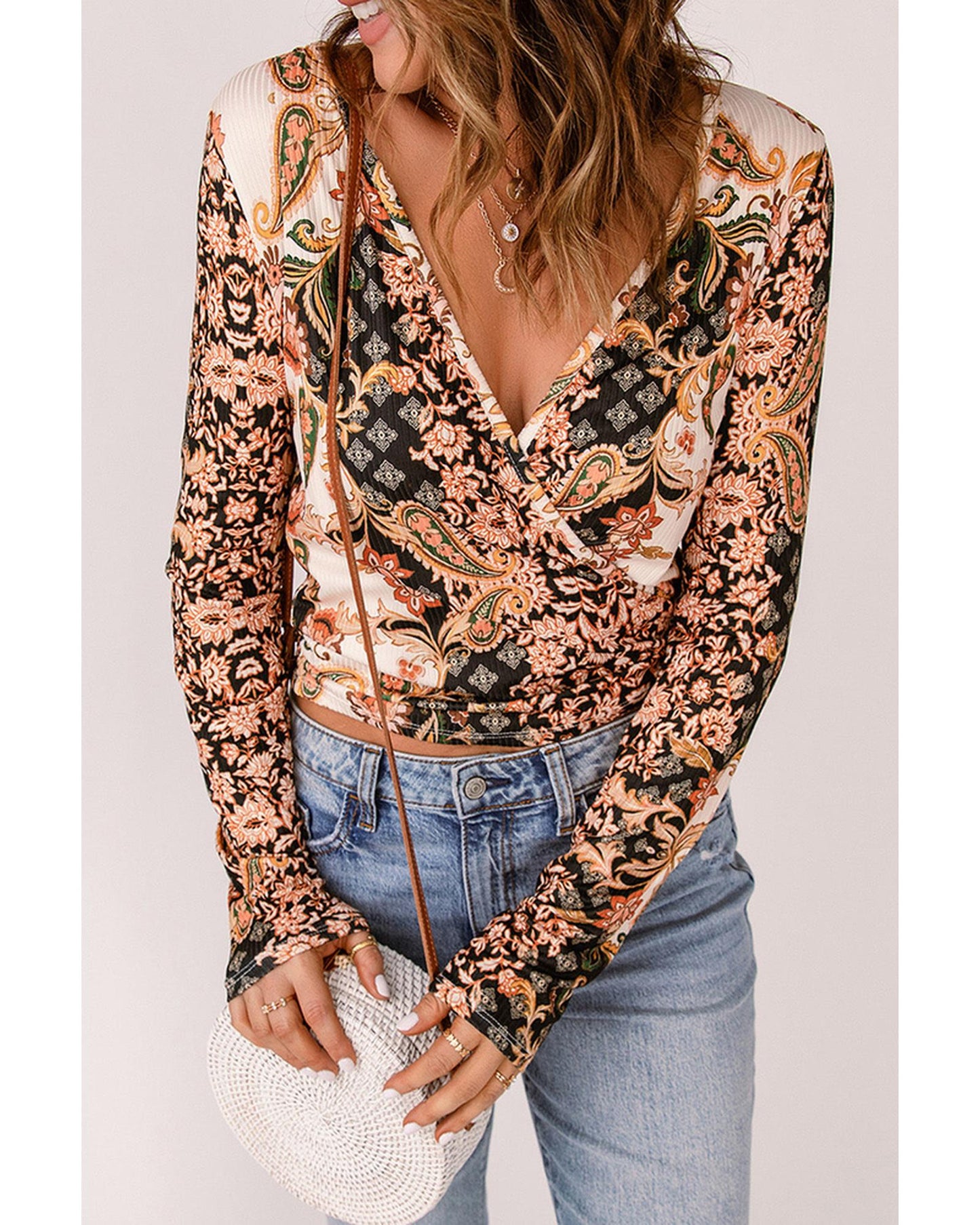 Azura Exchange Baroque Print Wrap V Neck T Shirt - 2XL