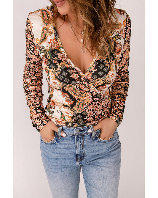 Azura Exchange Baroque Print Wrap V Neck T Shirt - M