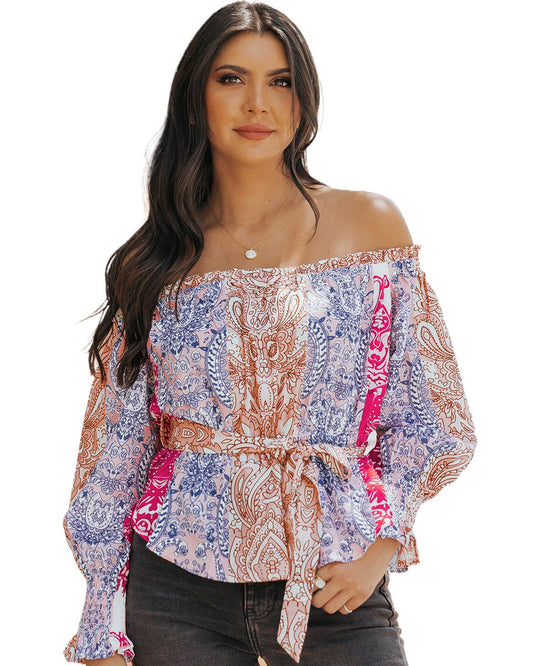 Azura Exchange Bohemian Floral Print Off Shoulder Blouse - 2XL