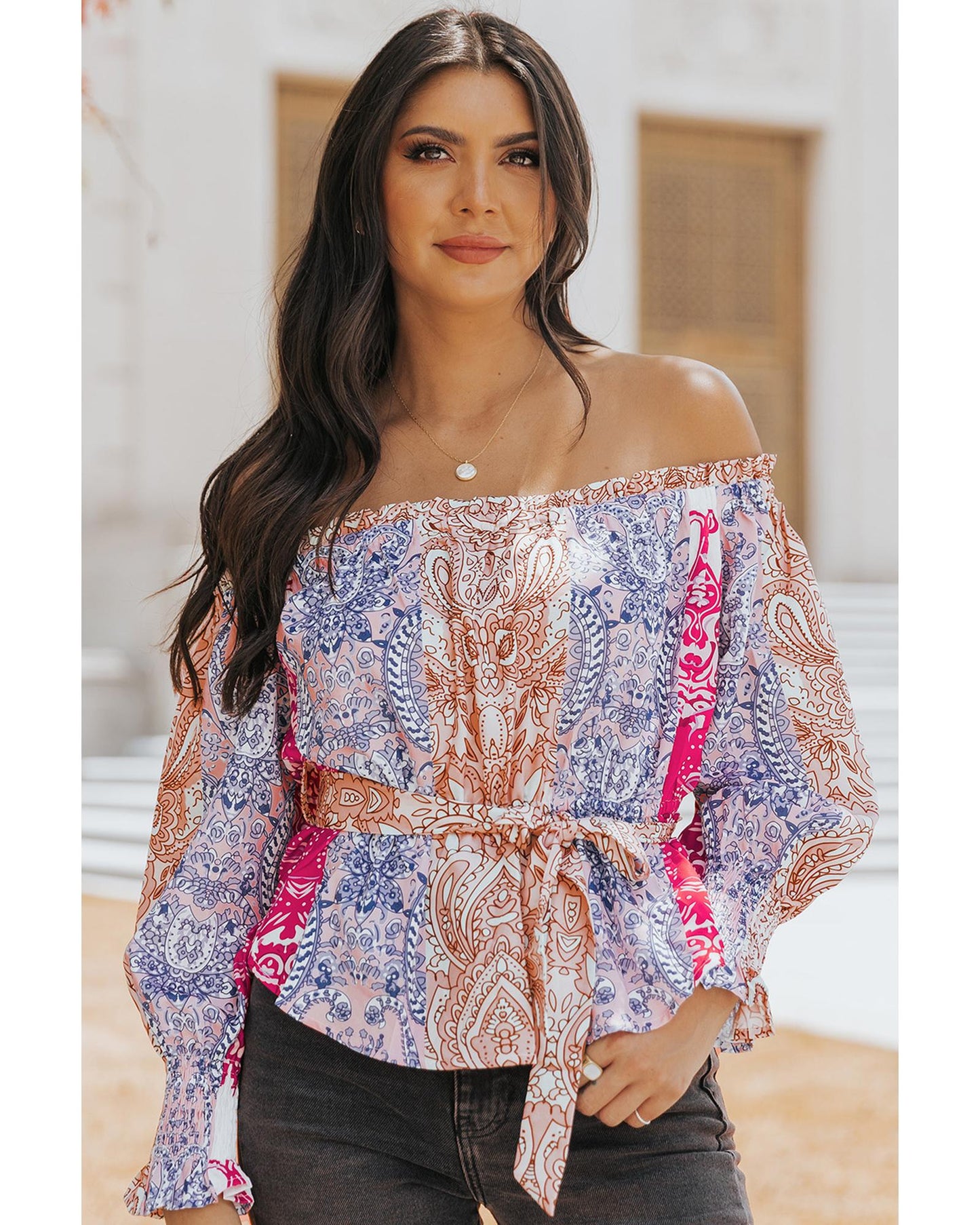 Azura Exchange Bohemian Floral Print Off Shoulder Blouse - 2XL