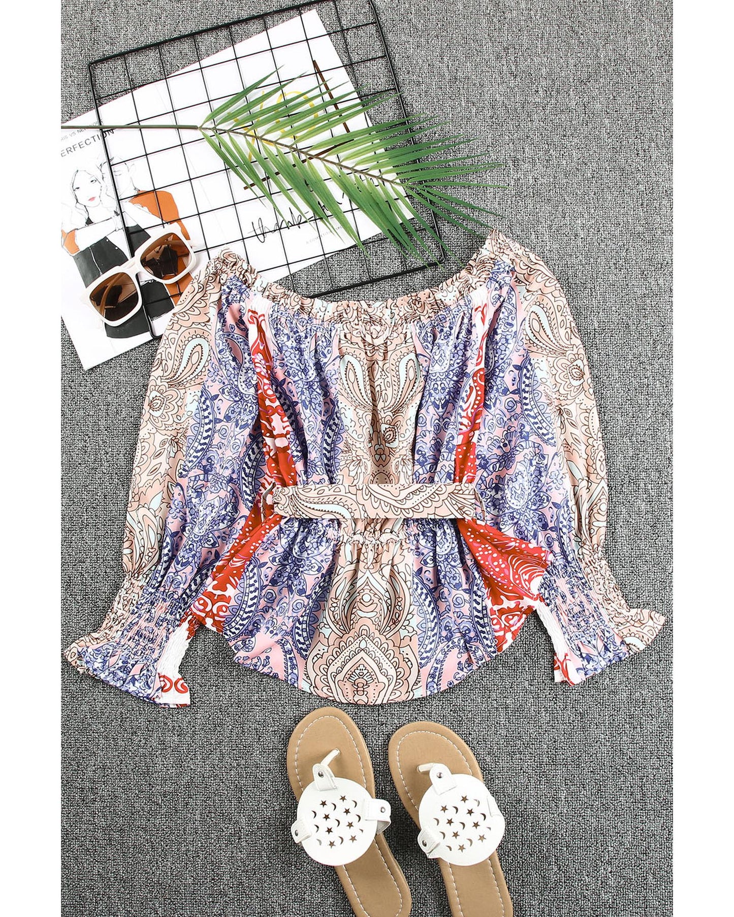 Azura Exchange Bohemian Floral Print Off Shoulder Blouse - L