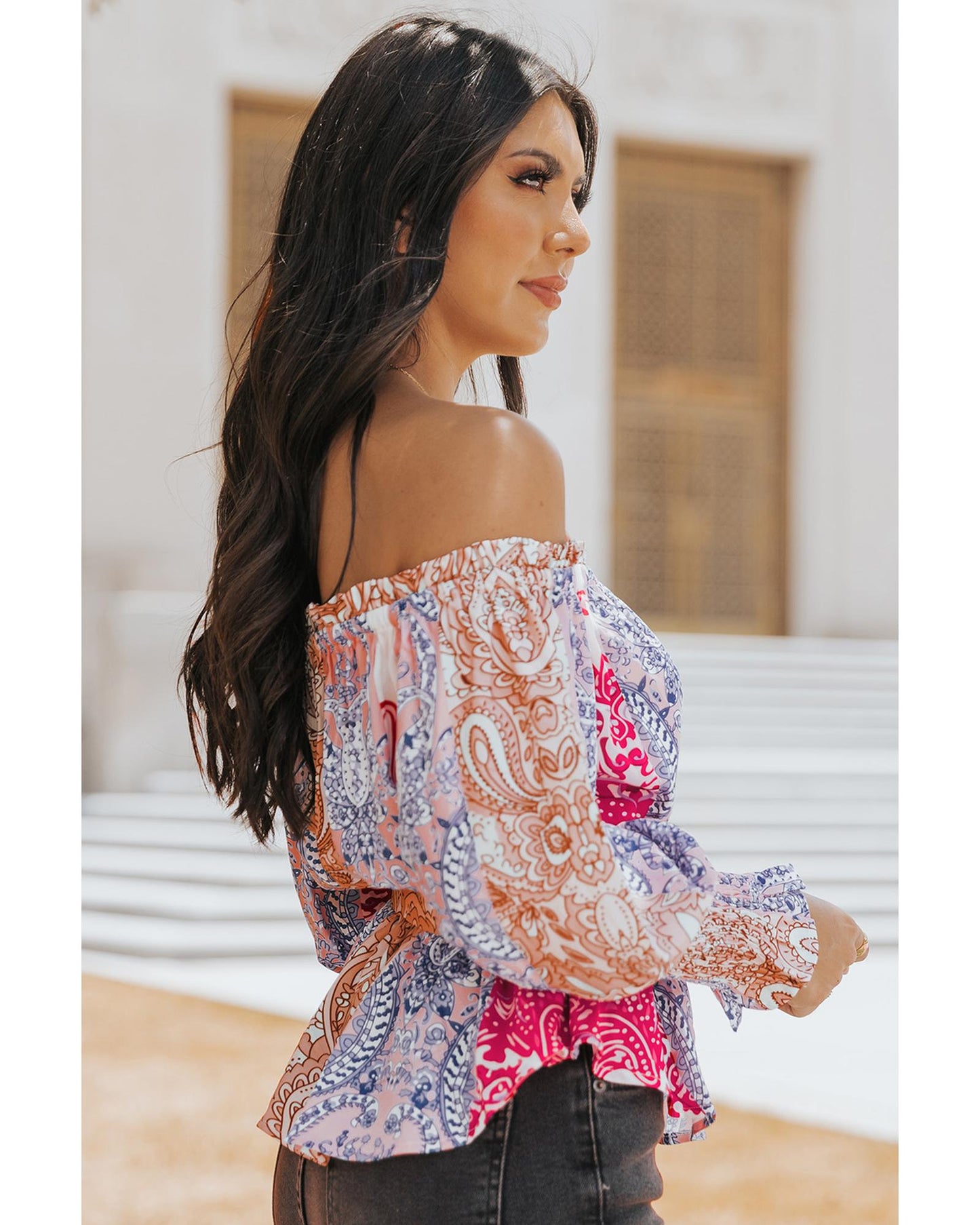 Azura Exchange Bohemian Floral Print Off Shoulder Blouse - L