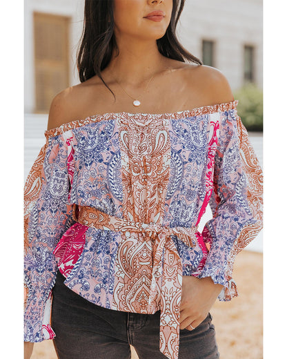 Azura Exchange Bohemian Floral Print Off Shoulder Blouse - S