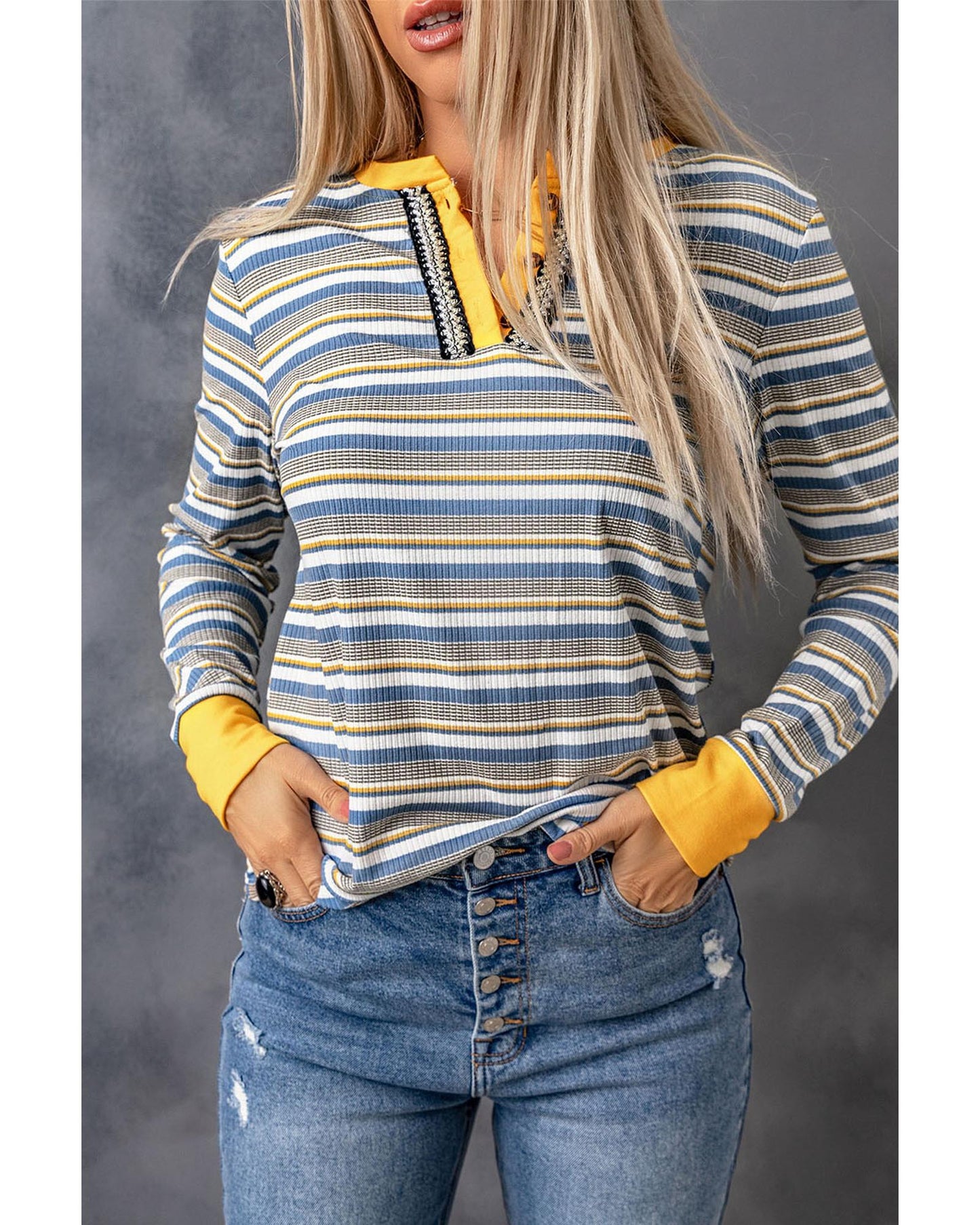 Azura Exchange Button Neck Striped Knit Long Sleeve Top - L