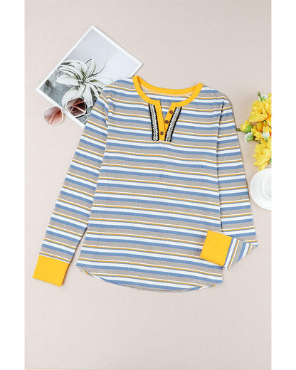 Azura Exchange Button Neck Striped Knit Long Sleeve Top - L