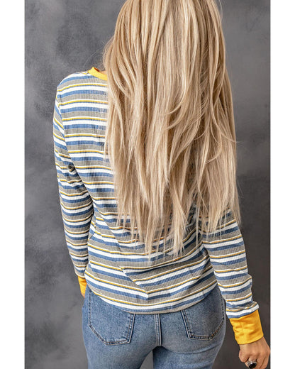 Azura Exchange Button Neck Striped Knit Long Sleeve Top - L