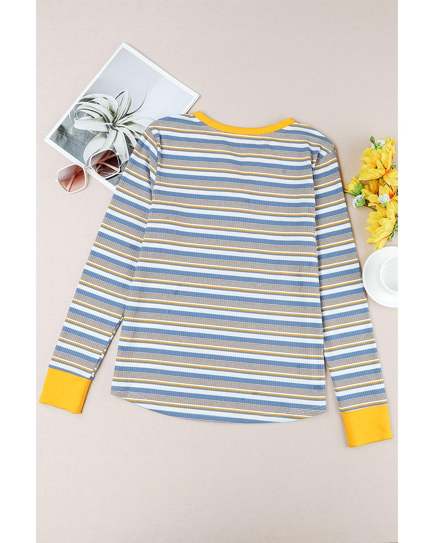 Azura Exchange Button Neck Striped Knit Long Sleeve Top - M