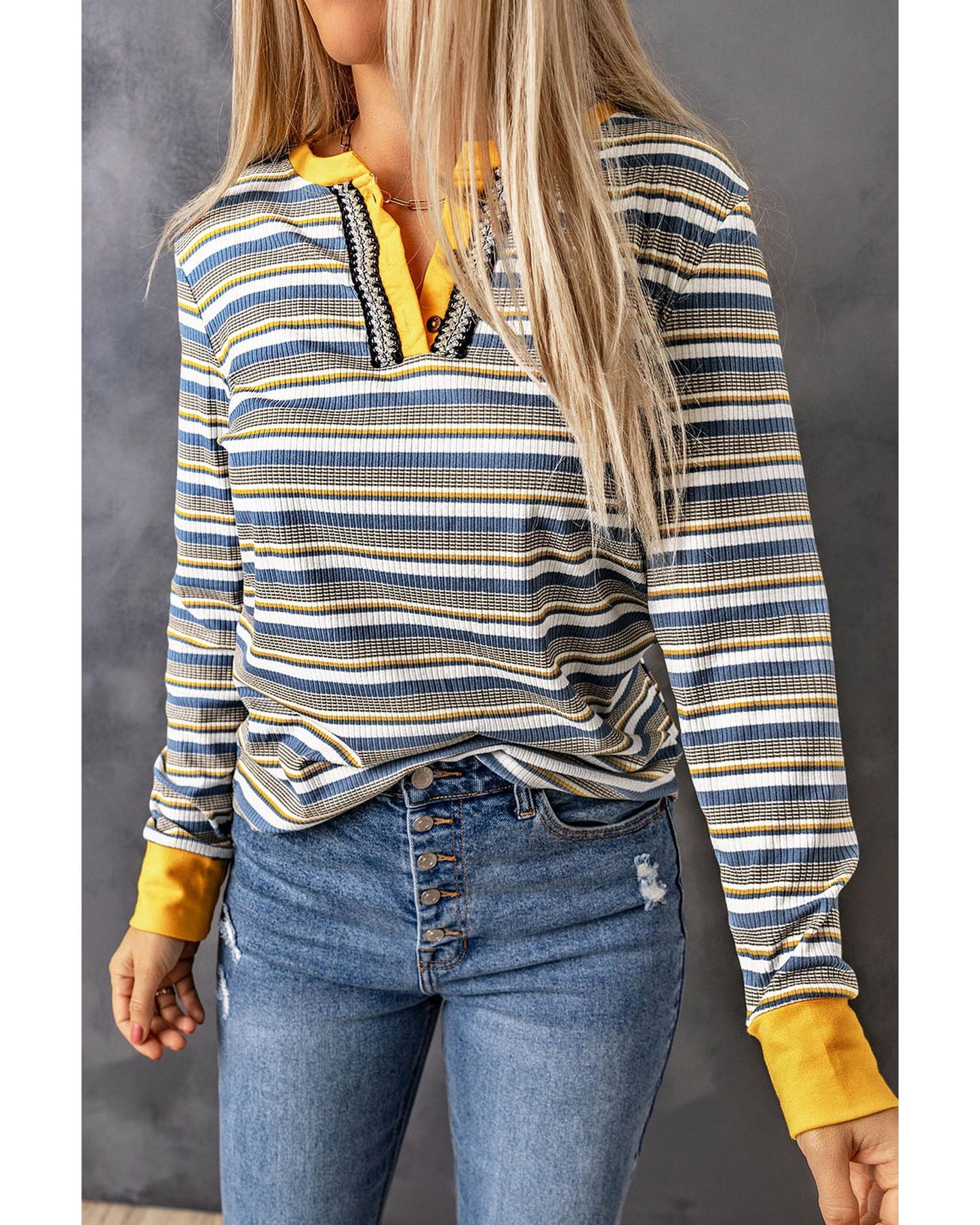 Azura Exchange Button Neck Striped Knit Long Sleeve Top - M