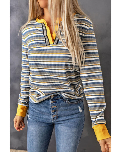 Azura Exchange Button Neck Striped Knit Long Sleeve Top - M
