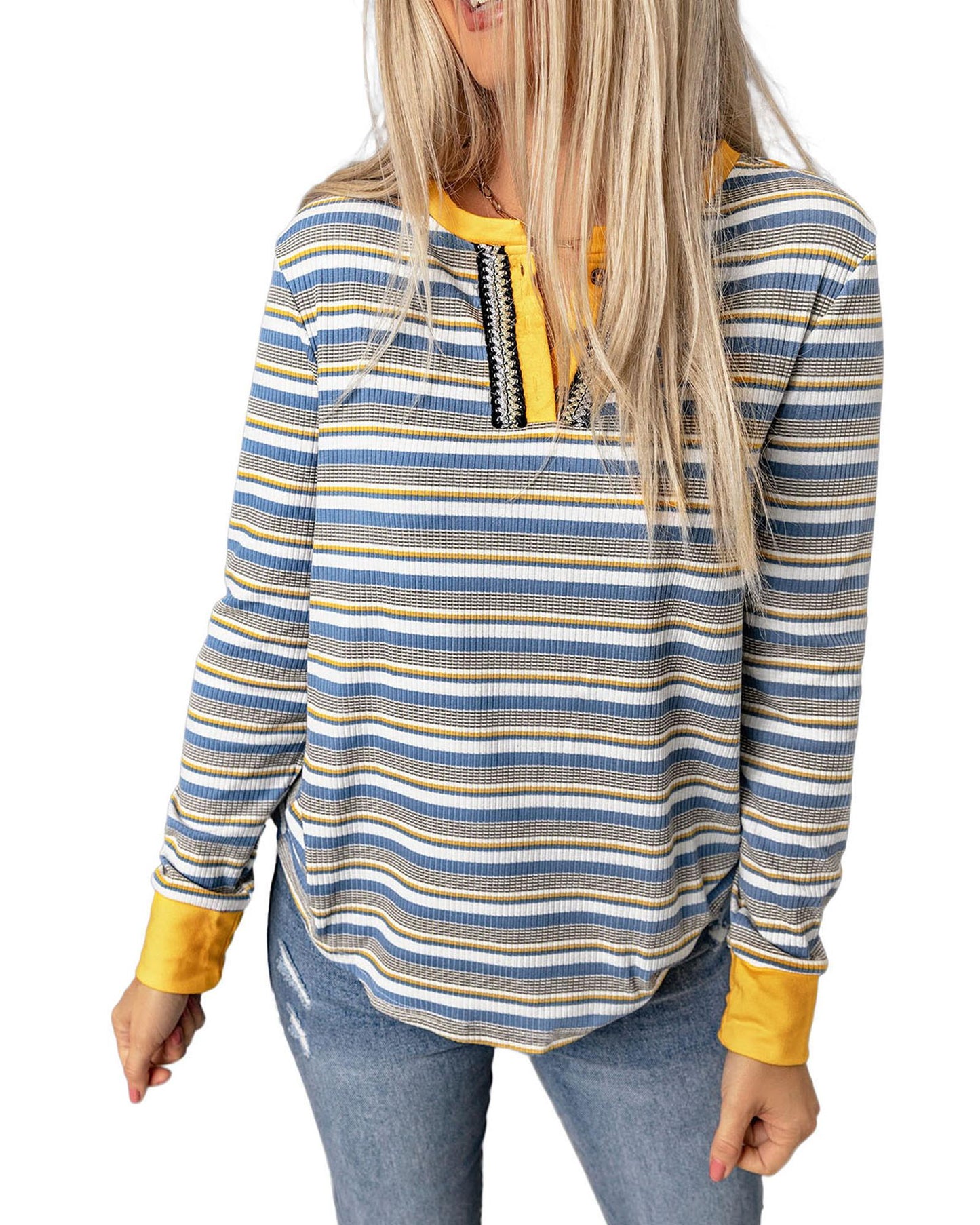 Azura Exchange Button Neck Striped Knit Long Sleeve Top - S