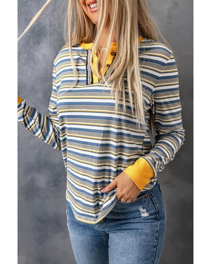 Azura Exchange Button Neck Striped Knit Long Sleeve Top - S