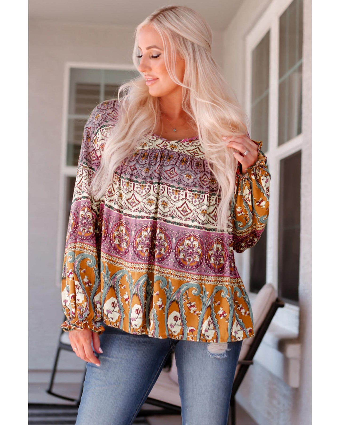 Azura Exchange Boho Print V Neck Bubble Sleeve Blouse - L