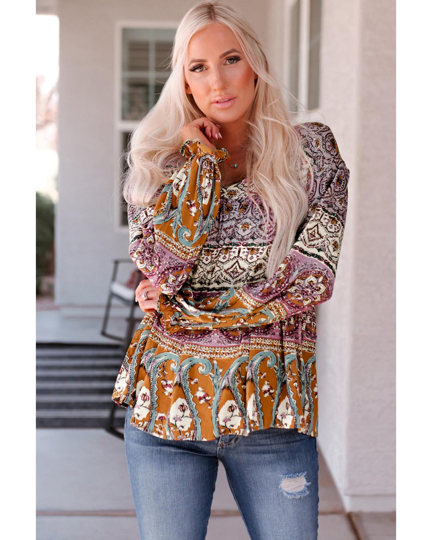 Azura Exchange Boho Print V Neck Bubble Sleeve Blouse - L