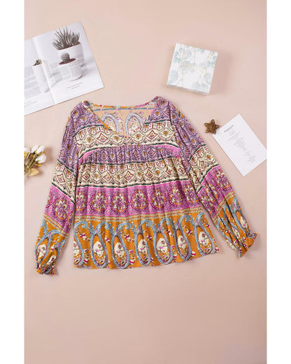 Azura Exchange Boho Print V Neck Bubble Sleeve Blouse - L