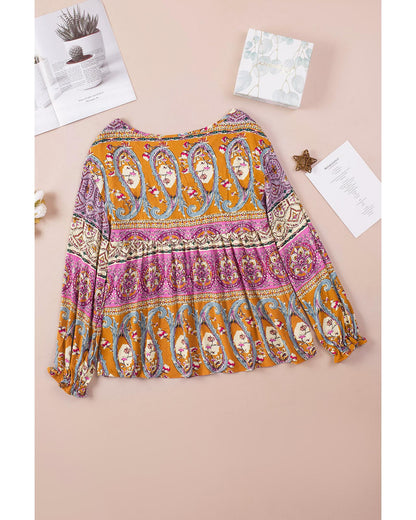 Azura Exchange Boho Print V Neck Bubble Sleeve Blouse - L