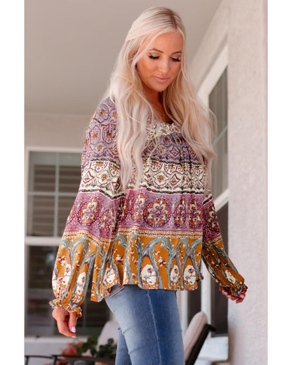 Azura Exchange Boho Print V Neck Bubble Sleeve Blouse - M