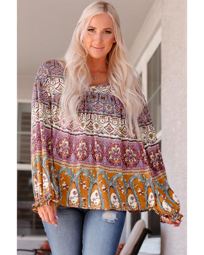 Azura Exchange Boho Print V Neck Bubble Sleeve Blouse - M