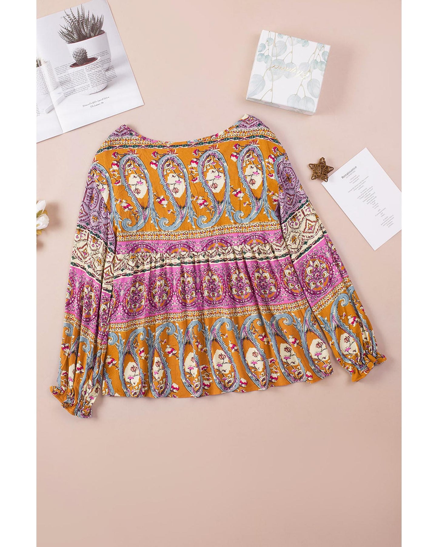 Azura Exchange Boho Print V Neck Bubble Sleeve Blouse - M