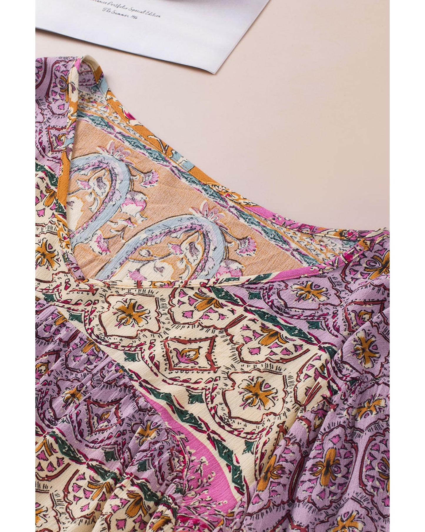 Azura Exchange Boho Print V Neck Bubble Sleeve Blouse - M