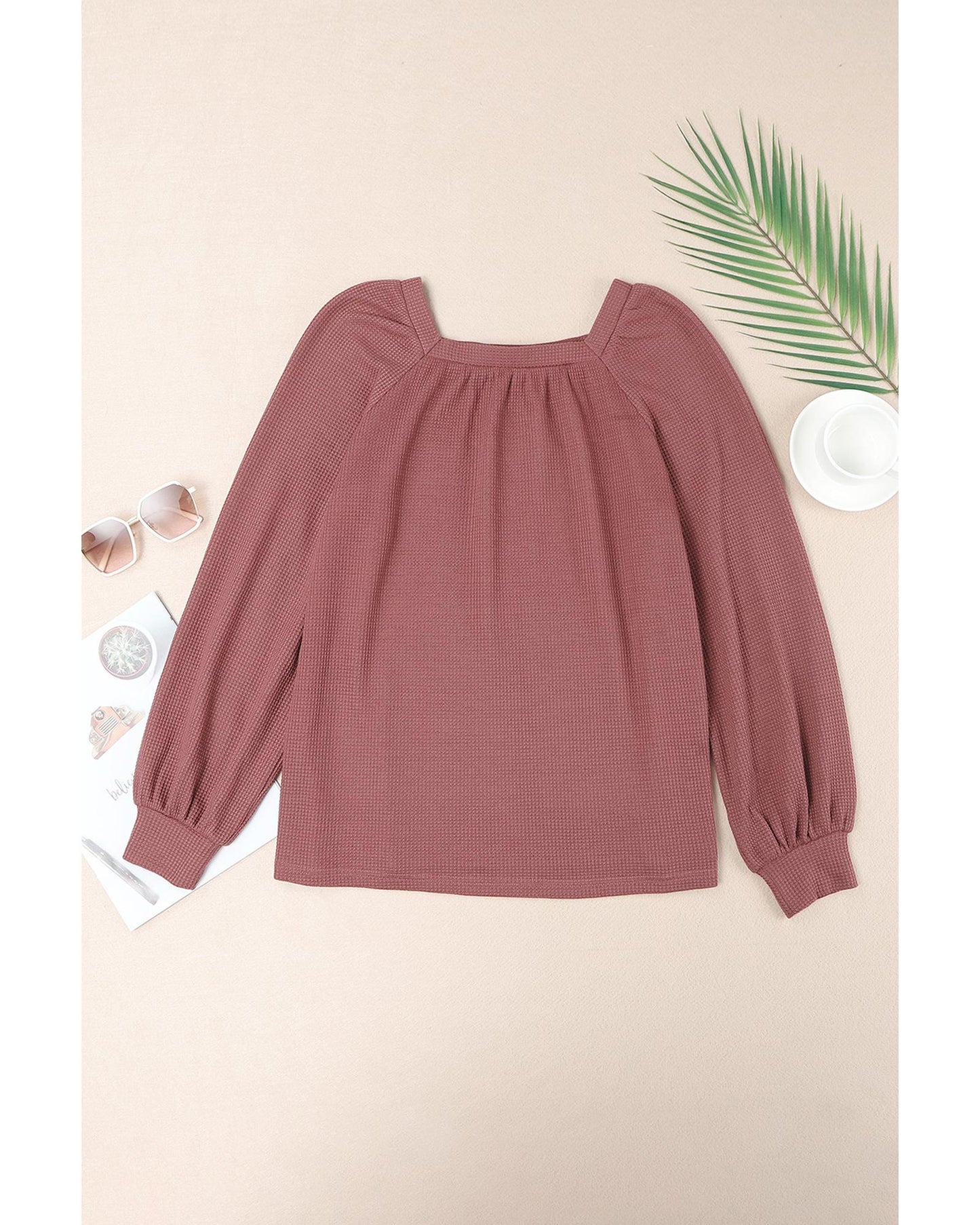 Azura Exchange Puff Sleeve Waffle Knit Top - M