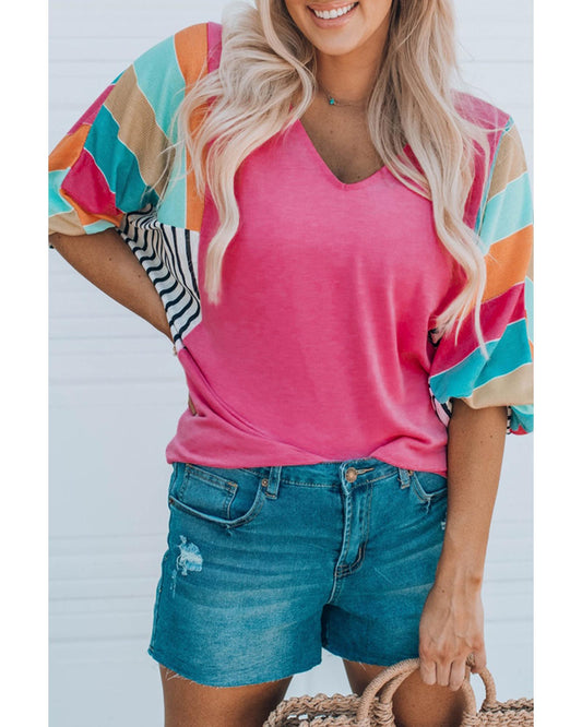 Azura Exchange Bubble Sleeve Stripe Color Block Top - S