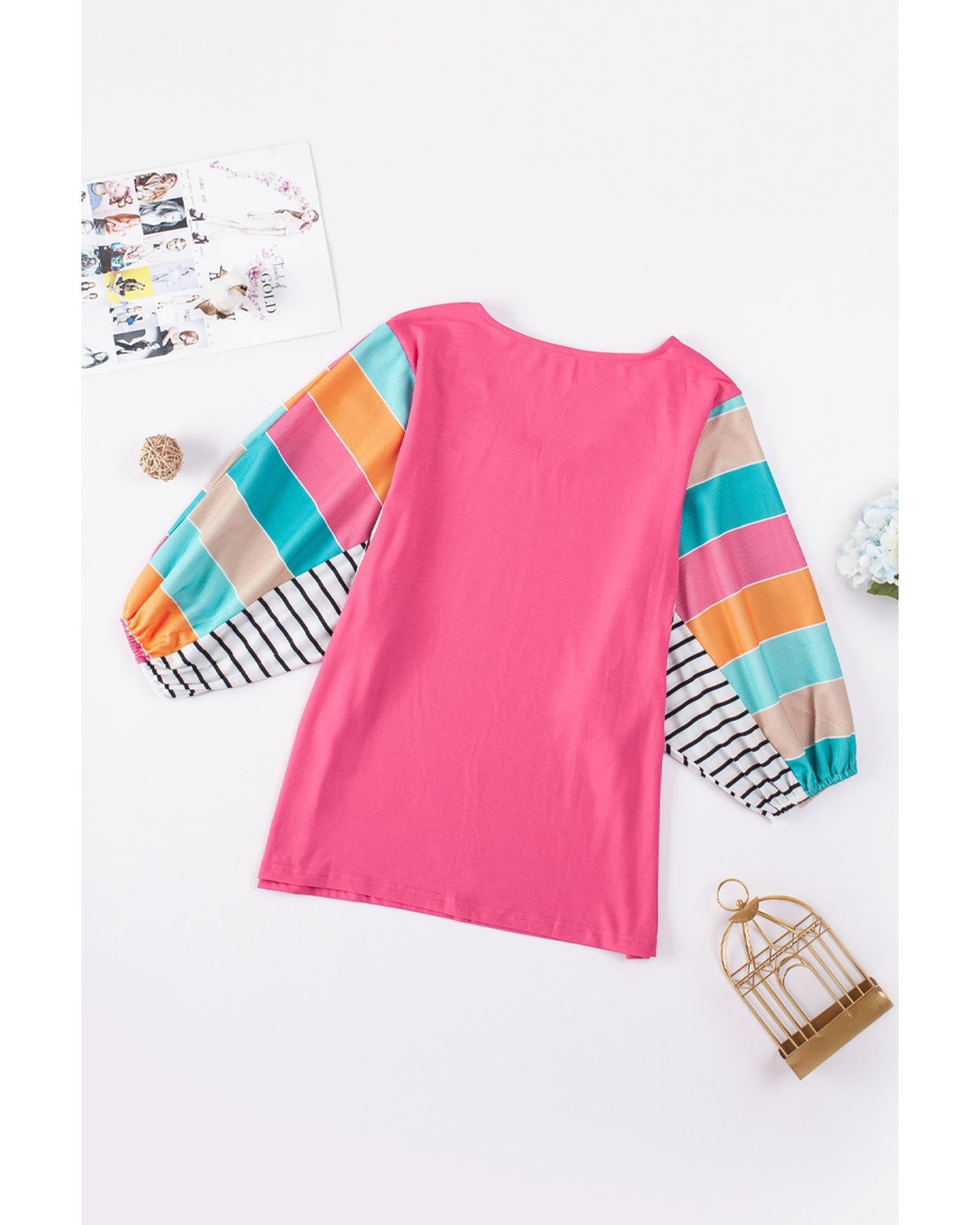 Azura Exchange Bubble Sleeve Stripe Color Block Top - S