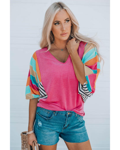 Azura Exchange Bubble Sleeve Stripe Color Block Top - S