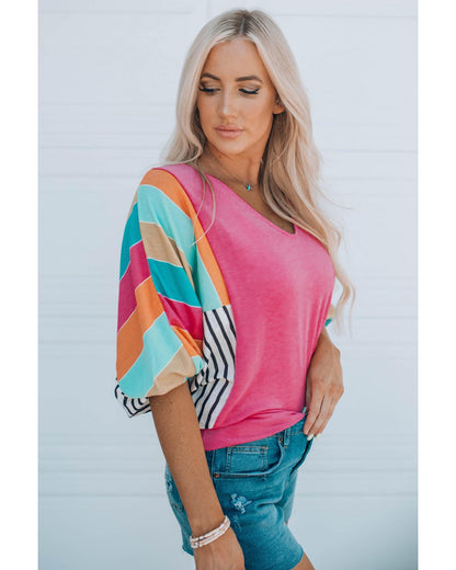 Azura Exchange Bubble Sleeve Stripe Color Block Top - S