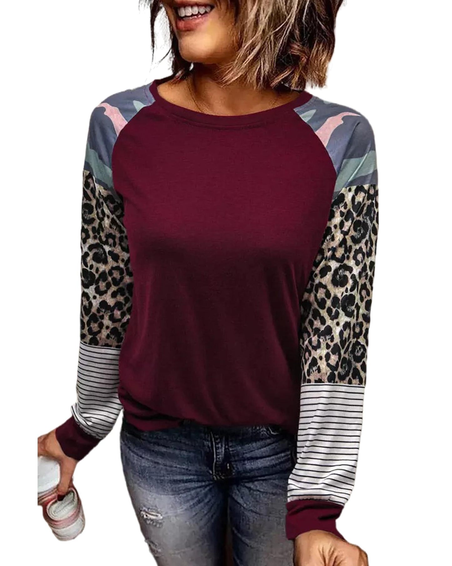 Azura Exchange Burgundy Camouflage Striped Leopard Splicing Blouse - M