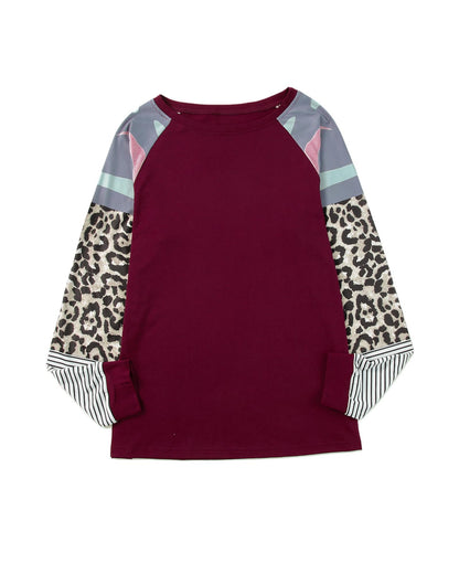 Azura Exchange Burgundy Camouflage Striped Leopard Splicing Blouse - S