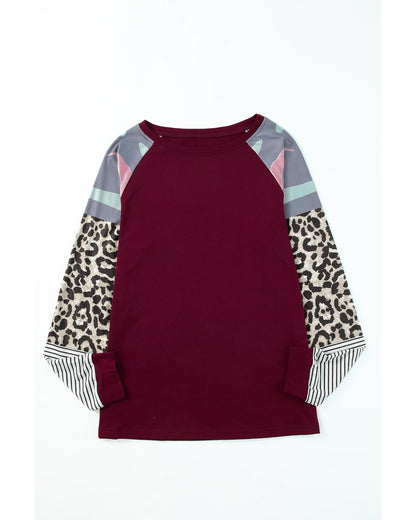 Azura Exchange Burgundy Camouflage Striped Leopard Splicing Blouse - S