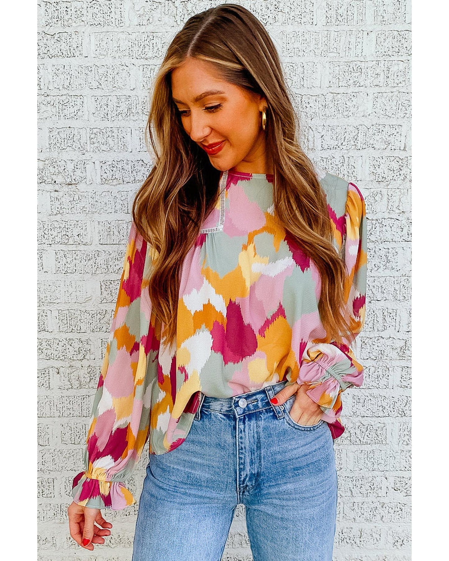 Azura Exchange Abstract Printed Long Sleeve Blouse - M