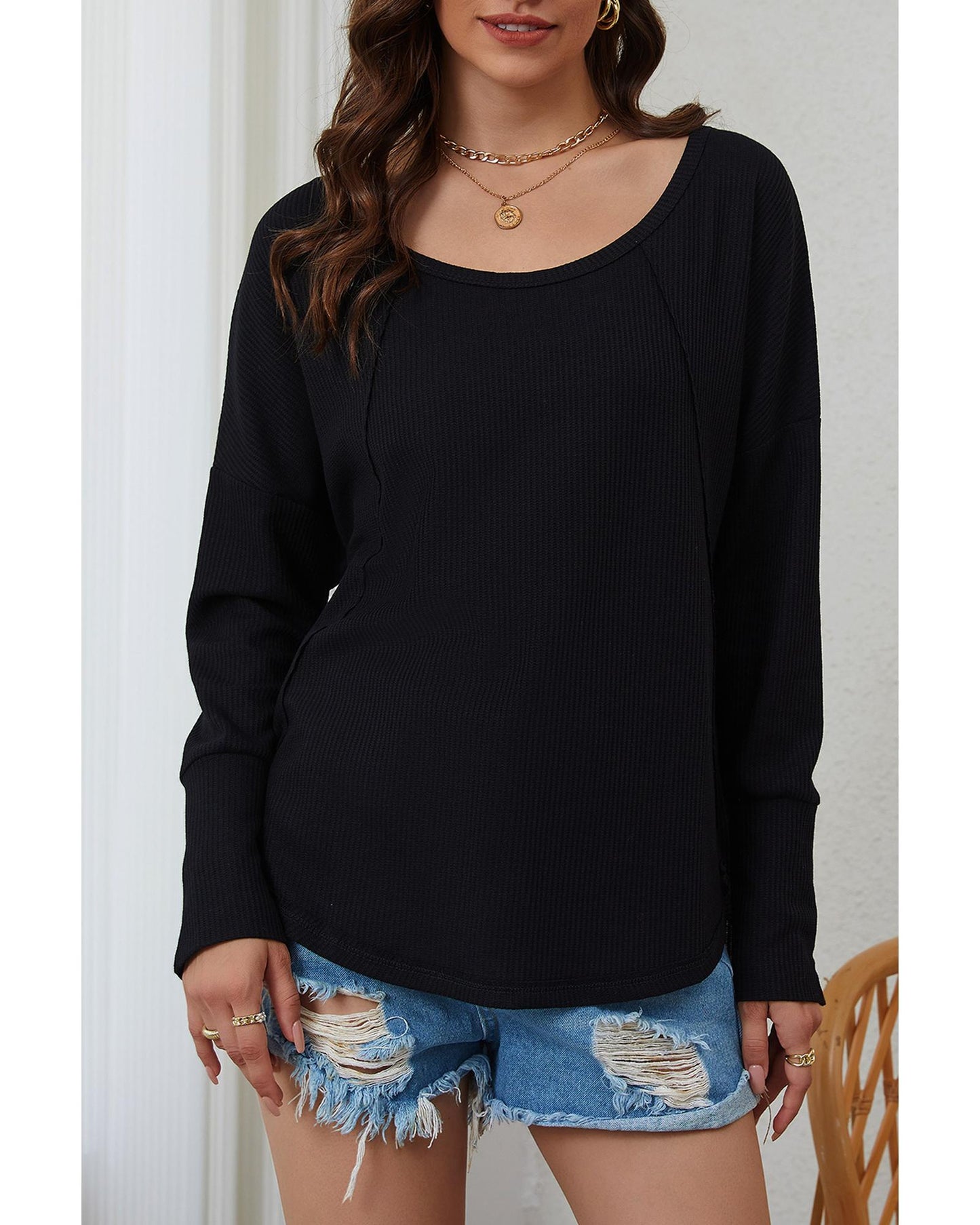 Azura Exchange Button Detail Waffle Knit Long Sleeve Top - M