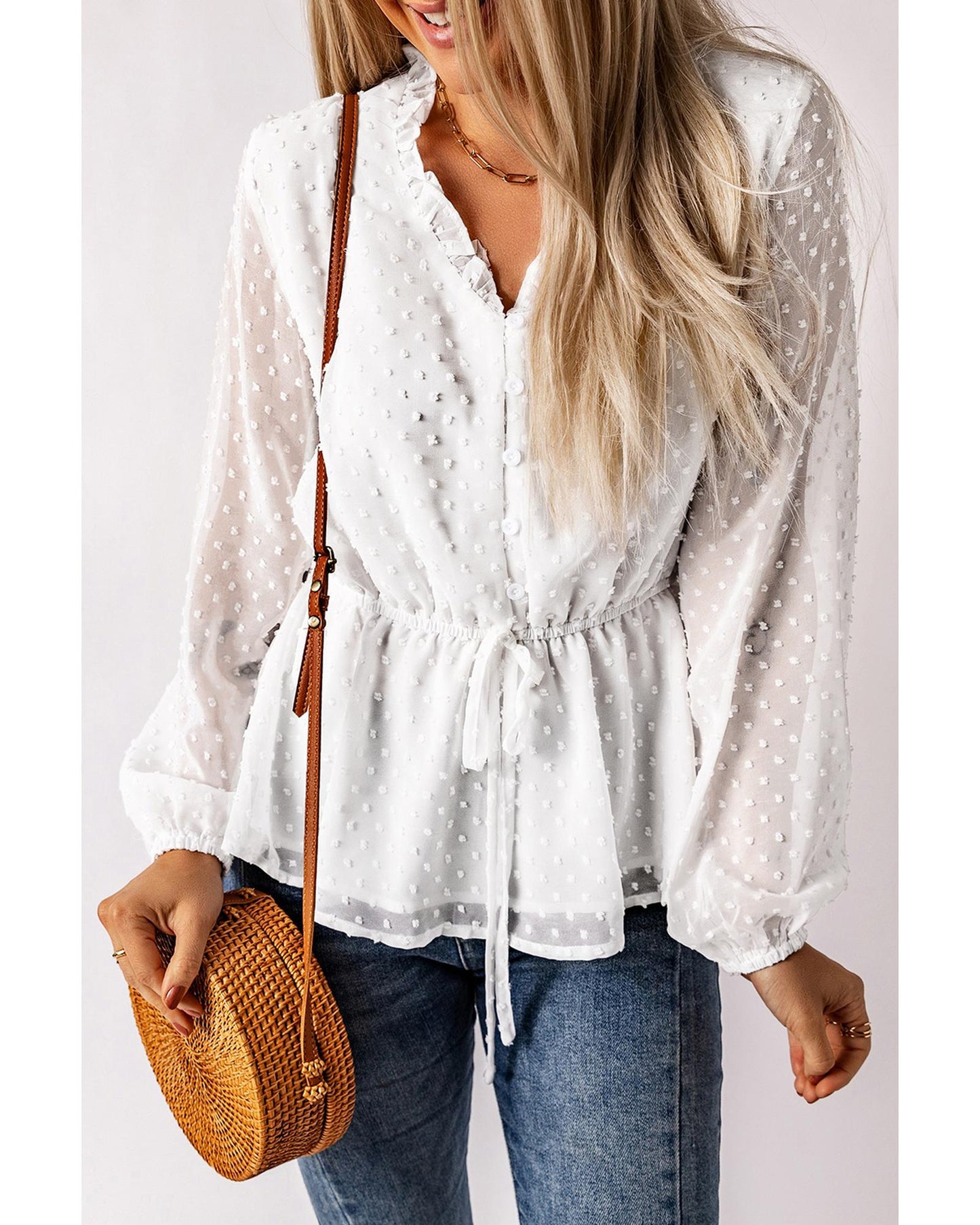 Azura Exchange Buttoned Swiss Dot Peplum Blouse - 2XL