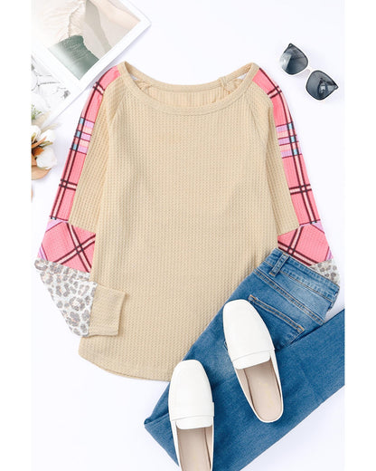 Azura Exchange Checkered Leopard Raglan Sleeve Top - L