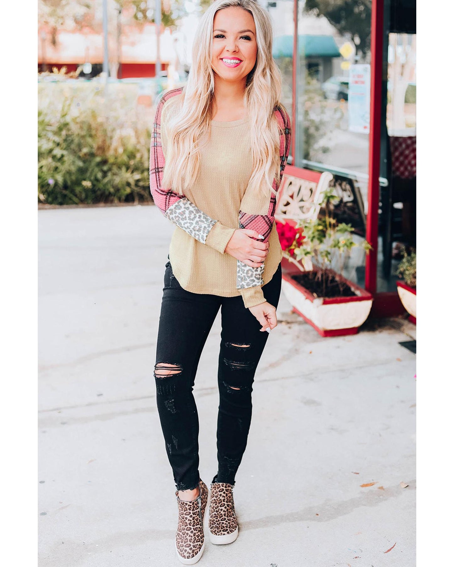 Azura Exchange Checkered Leopard Raglan Sleeve Top - M