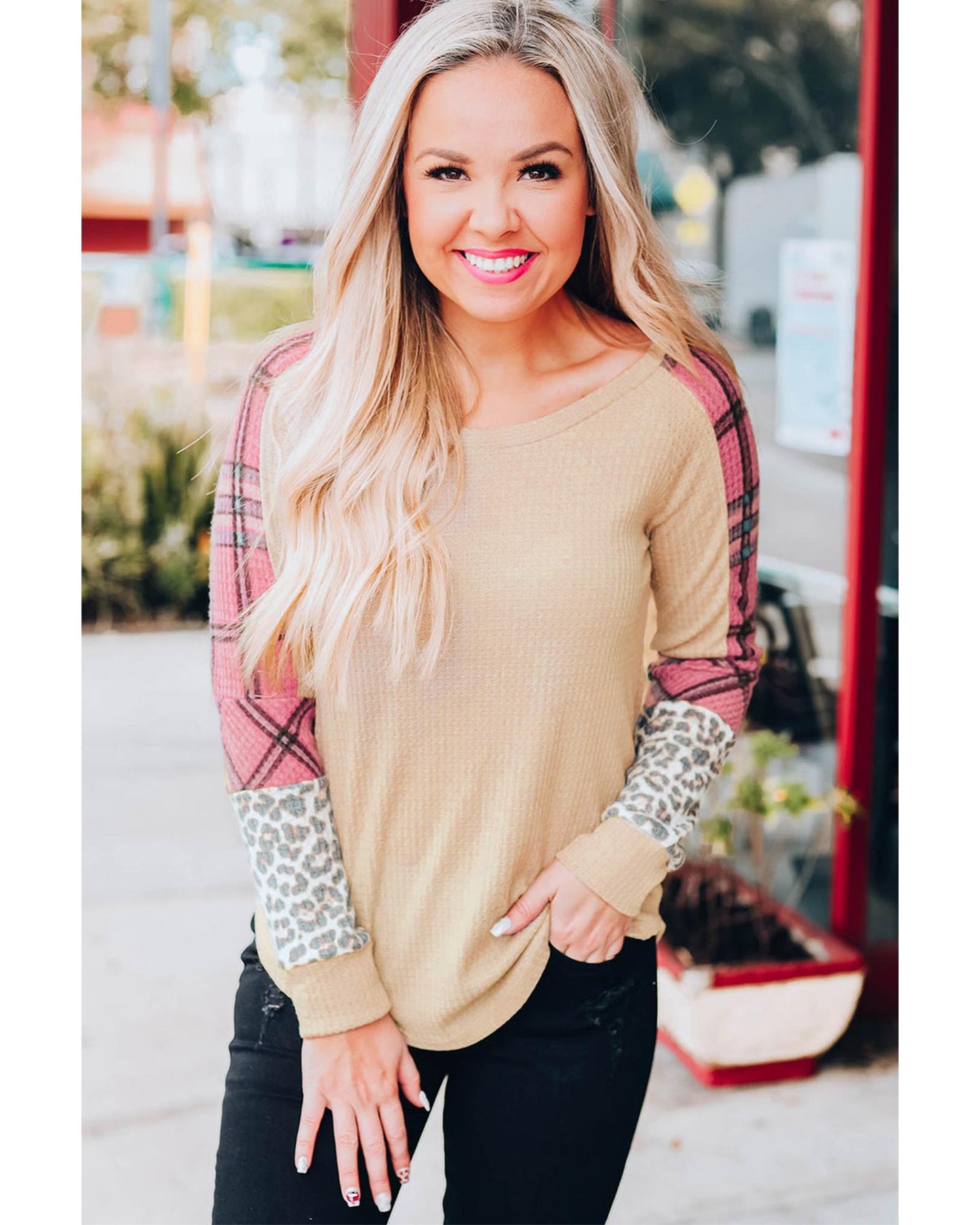 Azura Exchange Checkered Leopard Raglan Sleeve Top - M