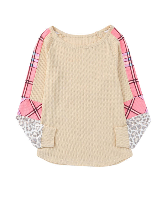Azura Exchange Checkered Leopard Raglan Sleeve Top - S