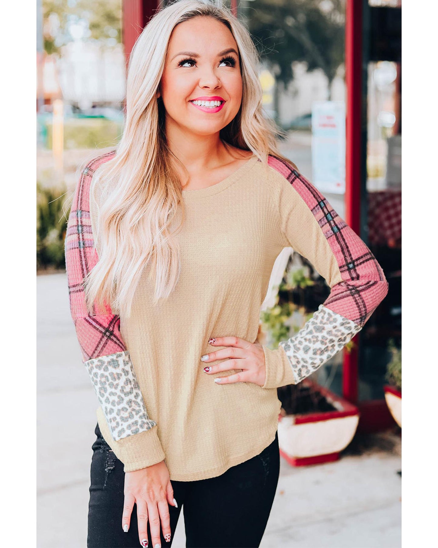 Azura Exchange Checkered Leopard Raglan Sleeve Top - S